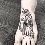 Alligator wizard tattoo by James Butler #JamesButler #blackwork linework #dotwork #alligator #animal #wizard #skull #sword #woodblock #etching #scales #teeth #death #tattoooftheday