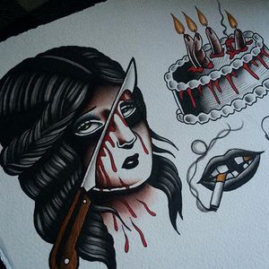 Bloody by Danielle Rose (via IG-daniellerosetattoo) #flashart #ladyheads #somber #knife #gore #blood #traditional #daniellerose