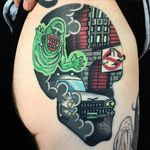 Ghostbusters tattoo by Sam Kane. #SamKane #skull #popculture #traditional #ghostbusters