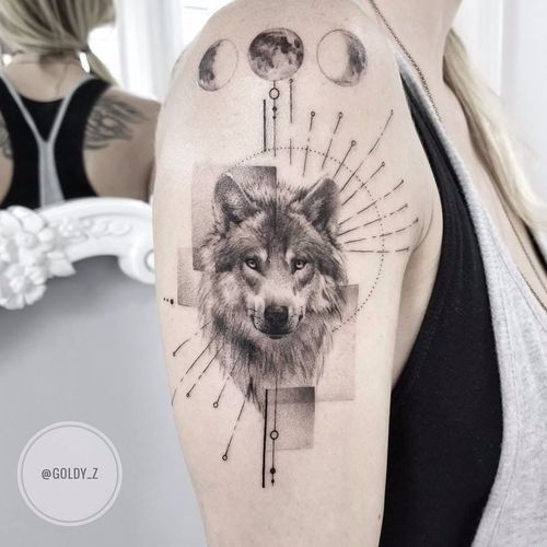 Lone wolf by Goldy Z #GoldyZ #blackandgrey #realism #realistic #hyperrealism #linework #shapes #dotwork #moon #mooncycles #wolf #wolves #nature #animal #forest #tattoooftheday