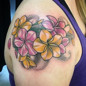 Yellow and Pink Frangipani Upper Arm Tattoo by Chris Cockrill #frangipani #plumeria #ChrisCockrill #floral #flora #flower
