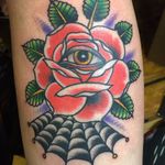 A rose that sees all by Virginia Elwood #virginiaelwood #traditional #rose #allseeingeye #spiderweb #color #tattoooftheday