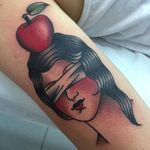 Blindfolded Girl Tattoo by La Dolores @LaDoloresTattoo #Ladolorestattoo #Traditional #Black #Red #Girl #Lady #Vintage #Madrid #Spain