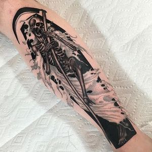 Skeleton Tattoo by CJ Tattooer #skeleton #scythe #blackwork #darkblackwork #darkart #darkartist #blackworkartist #savageblackwork #XCJX #CJTattooer #ChristopherJadeCuevas