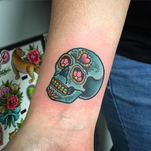 Brightly colored skull. #TillyDee #traditional #bright #skull #skulltattoos #neotraditionaltattoos