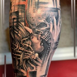 One of the tattoos done by JC Sheitan with his customized prosthetic arm #JCSheitan #prostheticarm #tattooartist #Gonzal #amputee #tattoomachine #skull #graphic