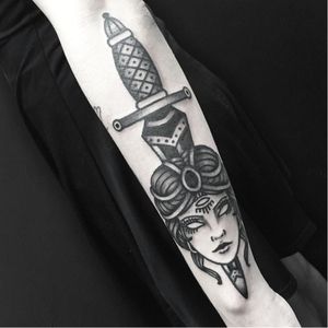 Dagger tattoo by Solly Rose #SollyRose #blacktraditional #dagger #blackwork