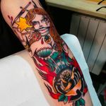 Awesome sword-handling girl tattoo by Eddie Czaicki. And check out that awesome black rose! #eddieczaicki #girltattoo #swords #blackrose #traditionaltattoo
