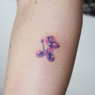 Balloon dog tattoo by Jess Chen #JessChen #dogtattoos #color #watercolor #realistic #realism #minimal #small #tiny #dog #balloon #bubble #cute
