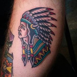 Classic and vibrant chieftain head tattoo by Douglas Grady. #DouglasGrady #traditionaltattoo #coloredtattoo #brightandbold #chief