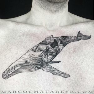 Surrealistic whale tattoo by Marco Matarese #whale #doubleexposuretattoo #MarcoMatarese #engraving #surrealistric