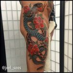 Traditional snake tattoo by Joel Soos #snaketattoo #JoelSoos #traditionaltattoo