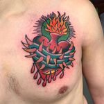 Tattoo by Robert Ryan #RobertRyan #color #traditional #sacredheart #Christianity #Catholic #heart #thorns #fire #blood #light #love