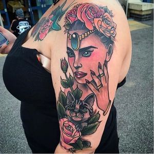 Stunning arm tattoo by Paula Castle #TattooJam #cat #lady #PaulaCastle (Photo: Instagram)