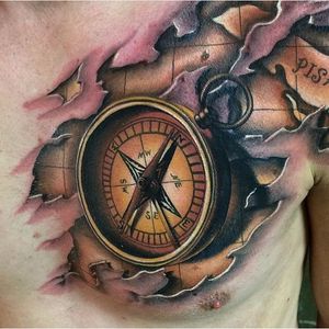 Crazy 3d compass chest piece by @megan_massacre #MeganMassacre  #chestpiece #3dtattoo #compass