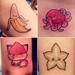 Kawaii tattoos by Kim Ai #KimAi #kawaii #japaneseanimation #anime #chibi #newschool #cartoon #japaneseculture #japaneseart #banana #octopus #fox #star