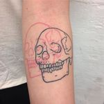Overlay skull tattoo by Adam Traves. #AdamTraves #overlay #linework #pink #skull