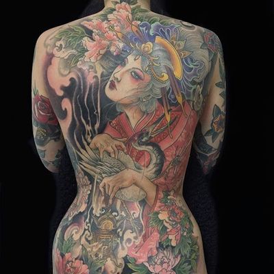 Beauty by Wendy Pham #WendyPham #color #japanese #geisha #crane #peony #tattoooftheday