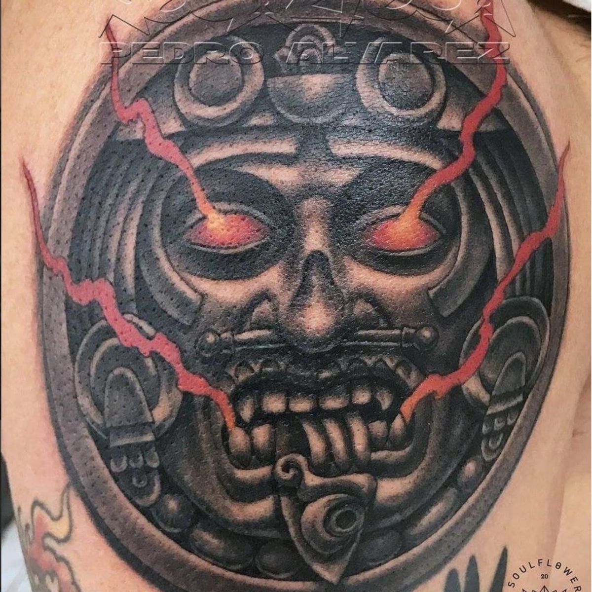 Tattoo uploaded by Ross Howerton • A statuesque tattoo of Tonatiuh via