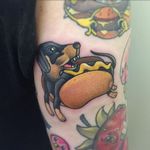 Cute hot dog tattoo by Jack Douglas. #newschool #JackDouglas #hotdog #dog