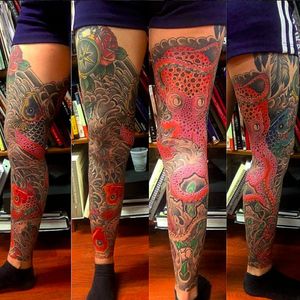 Awesome sleeve of Japanese water life by Benedict Patrick K at Resurrected Tattoo. #BenedictKPatrick #RessurectedTattoo #legsleeve #japanese #koi #octopus