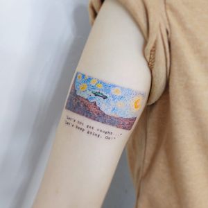 Thelma and Louise meets Van Gogh tattoo by Neul Tattoo #neultattoo #VanGoghtattoo #color #painting #film #movietattoo #movie #ThelmaandLouise #VanGogh #car #mountains #landscape #StarryNight #sky #stars
