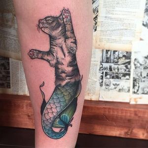Purrmaid tattoo by Lawrence Canham. #LawrenceCanham #neotraditional #cat #mermaid #purrmaid #mythical #fantasy