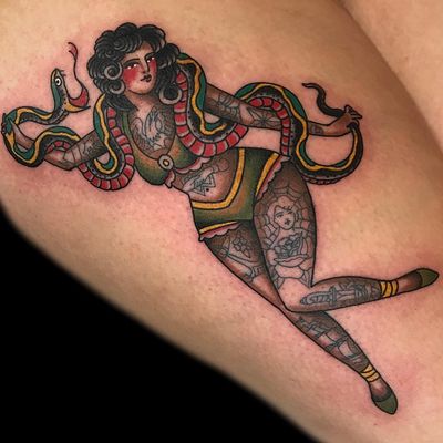 Modernized Corday lady tattoo by Becca Genne Bacon #BeccaGenneBacon #snaketattoos #color #traditional #snake #reptile #lady #pinup #tattoos #tattooedlady #ladyhead #spiderweb #rose #eagle #sword #ship