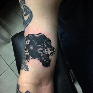 Panther head by Bugsy. #Bugsy #traditional #panther #pantherhead #blackwork #btattooing #blckwrk