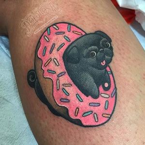 Donut tattoo by Christina Hock. #ChristinaHock #DolorosaTattooCo #donut #pug #dog #cute #kawaii