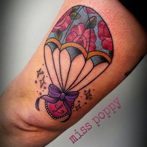 Cute traditional style parachute, by Miss Poppy #MissPoppy #parachutetattoo #parachute  #traditional #flowers