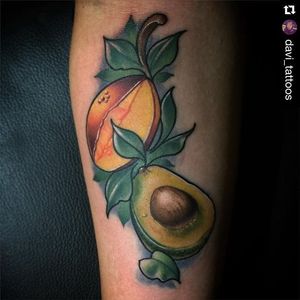 Neo traditional mango and avocado tattoo by @davi_tattoos. #neotraditional #fruit #mango #avocado #davi_tattoos