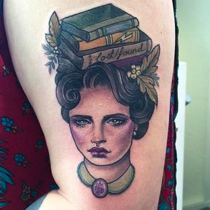 Librarian Tattoo by Hannah Flowers @Hannahflowers_tattoos #Hannahflowerstattoos #girl #woman #lady #girltattoo #ladytattoo #Inkslavetattoos #librarian #books #portrait