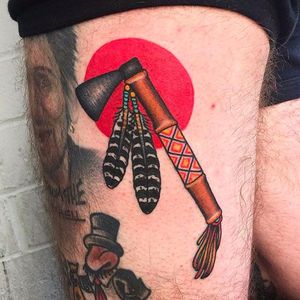Cleanly done tomahawk tattoo by Bradley Kinney. #bradleykinney #DanaPointTattoo #traditional #bold  #tomahawk