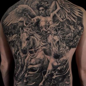 The WInged Victory of Samothrace by Carlos Torres #CarlosTorres #blackandgrey #horses #horse #Nike #Victoria #Samothrace #Roman #Greek #mythology #victory #realism #realistic #hyperrealism #portrait #warrior #soldier #goddess #architecture #tattoooftheday