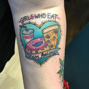 'Mean Girls' inspired tattoo by Alex Rowntree. #MeanGirls #banner #lettering #heart #food #pizza #donut #AlexRowntree