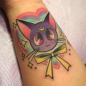 Luna tattoo by Melvin Arizmendi. #MelvinArizmendi #kawaii #cute #girly #popculture #pinkwork #cat #sailormoon #anime