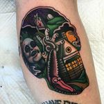 Beetlejuice tattoo by Sam Kane. #SamKane #skull #popculture #traditional #beetlejuice #timburton