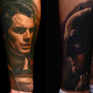 Superman vs Batman Tattoo by Nikko Hurtado @NikkoHurtado #NikkoHurtado #Cinematic #Portrait #Superman #Batman #ClarkKent #BruceWayne