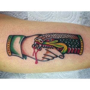 Snake Handshake Tattoo by Julian Bast #snakehandshake #handshake #snake #traditional #JulianBast