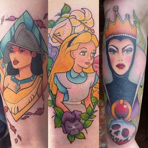 Disney tattoos by Zoe Lorraine Rimmer #ZoeLorraineRimmer #girly #disney #aliceinwonderland #snowwhite #pocahontas