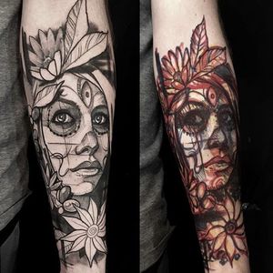 Sugaskull woman tattoo by Mike Riina. #MikeRiina #sketch #blackandgrey #portrait #woman