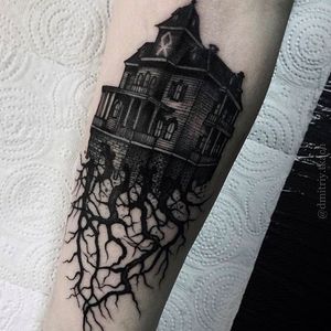 Intricate and clean detail work on this house with roots tattoo. #DmitriyTkach #house #roots #blackwork