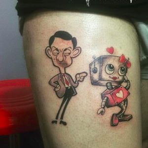 Mr. Bean and sexy robot by Daniel Sorin (via IG -- shine_ink_tattoo_studio) #DanielSorin #mrbean #mrbeantattoo