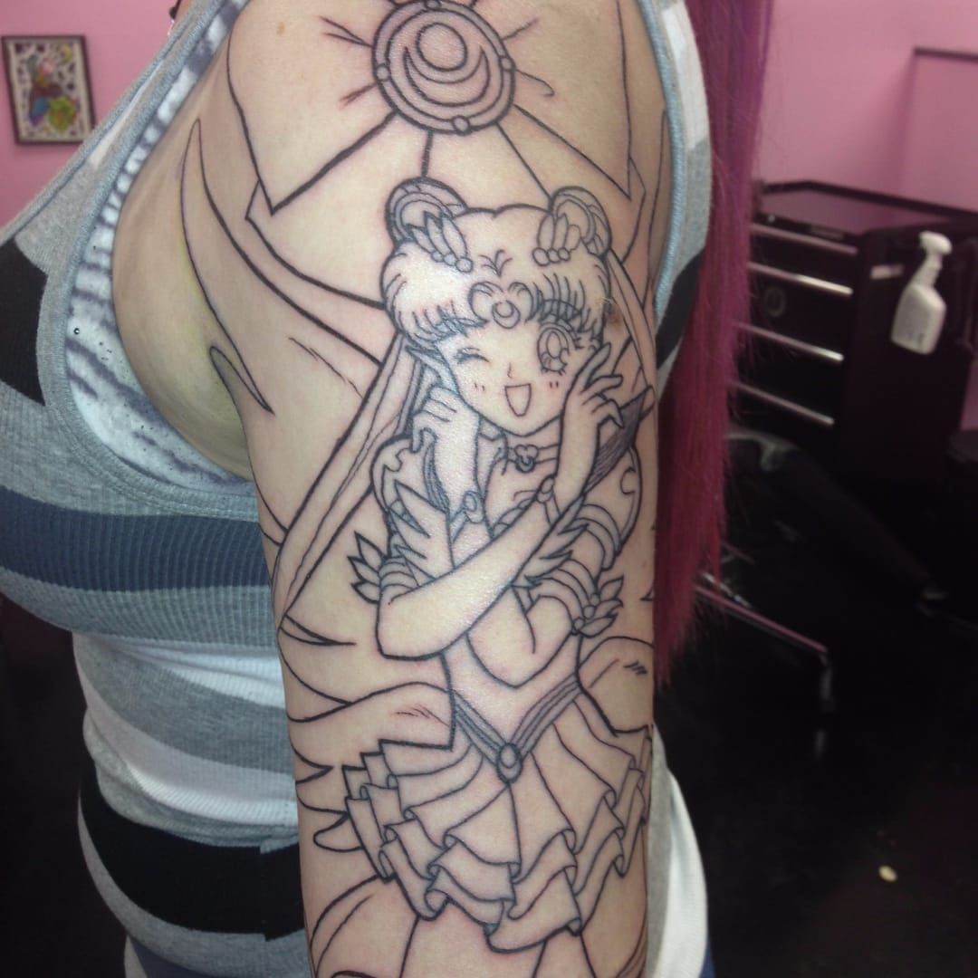 Tattoo uploaded by Xavier • Sailor Moon tattoo sleeve by Eryka Jensen.  (Photo shared by WashuZebrastripe on Imgur.) #ErykaJensen #sailormoon  #anime #wip #linework #Usagi • Tattoodo