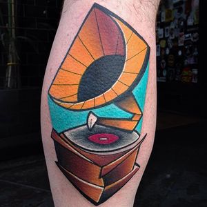 Gramophone Tattoo by Mike Boyd #abstract #cubism #moderntattooing #MikeBoyd #gramophone