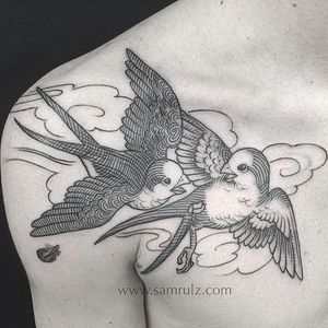 Swallows Tattoo by Sam Rulz #IllustrativeTattoos #Illustrative #Etching #Illustration #Blackwork #SamRulz #bird #birds #swallow #swallows