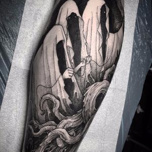 Oracles by Rob Borbas #RobBorbas #blackwork #dotwork #linework #fineline #hands #monster #ghost #demon #oracle #wizard #death #time #forest #dark #darkart #tattoooftheday