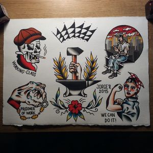 A bunch of working-class themed traditional flash designs by Jorge Ramirez (IG—jorgeramireztattoo). #bluecollar #flashart #JorgeRamirez #traditional