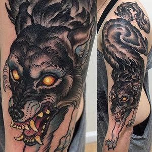 Wolf Tattoo by Matt Buck #wolf #wolftattoo #freehandwolf #freehand #freehandtattoo #freehandtattoos #drawnon #drawnondesign #nostencil #nostenciltattoo #MattBuck